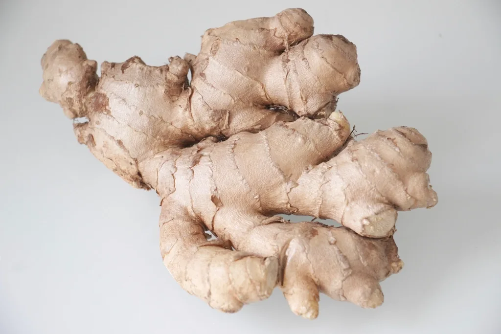 Fresh ginger root on a white background, a traditional remedy for digestive discomfort