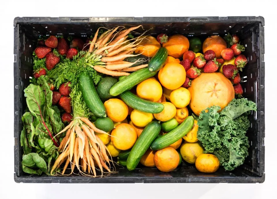 A crate of fresh vegetables and fruit, the foundation of a diabetes-friendly diet