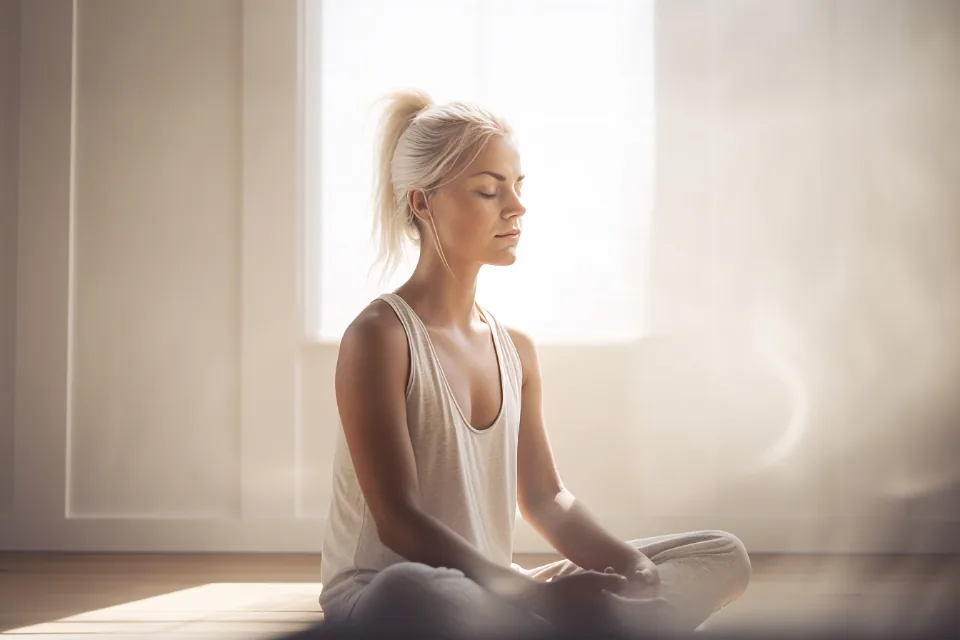Woman meditating calmly in soft light &mdash; managing anxiety symptoms