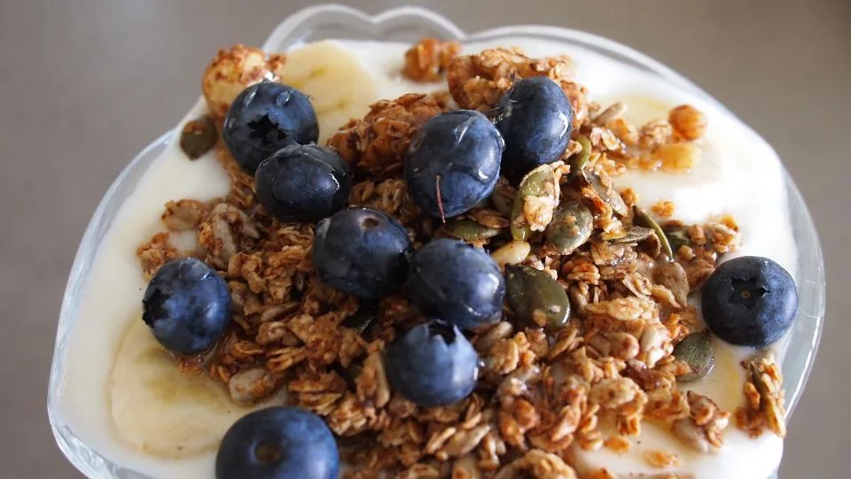 A bowl of probiotic yogurt topped with granola and blueberries